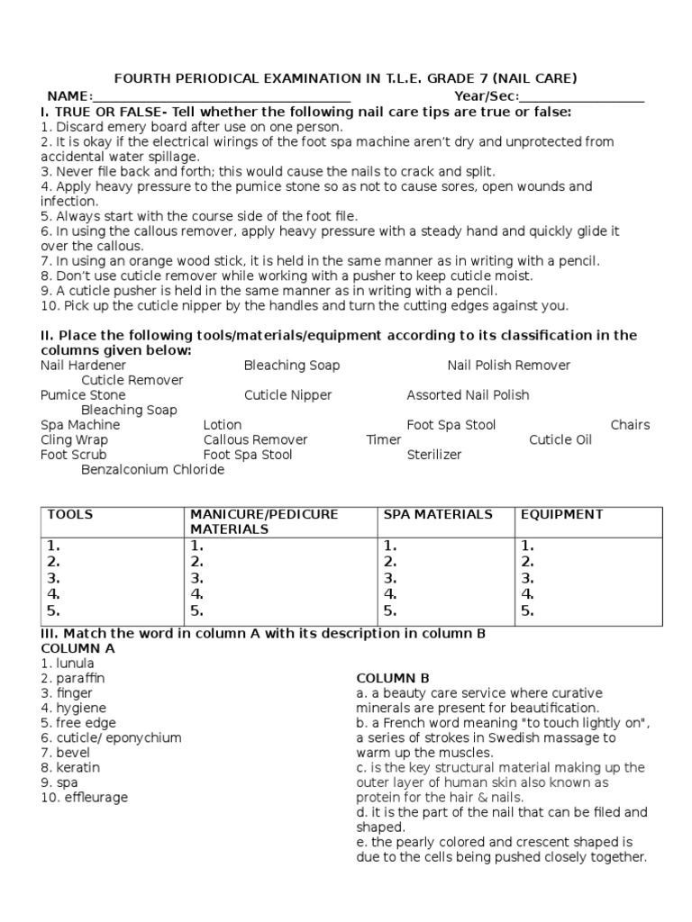 t.l.e. Grade 7&8 Beauty Carenail Care Nail (Anatomy) Integumentary