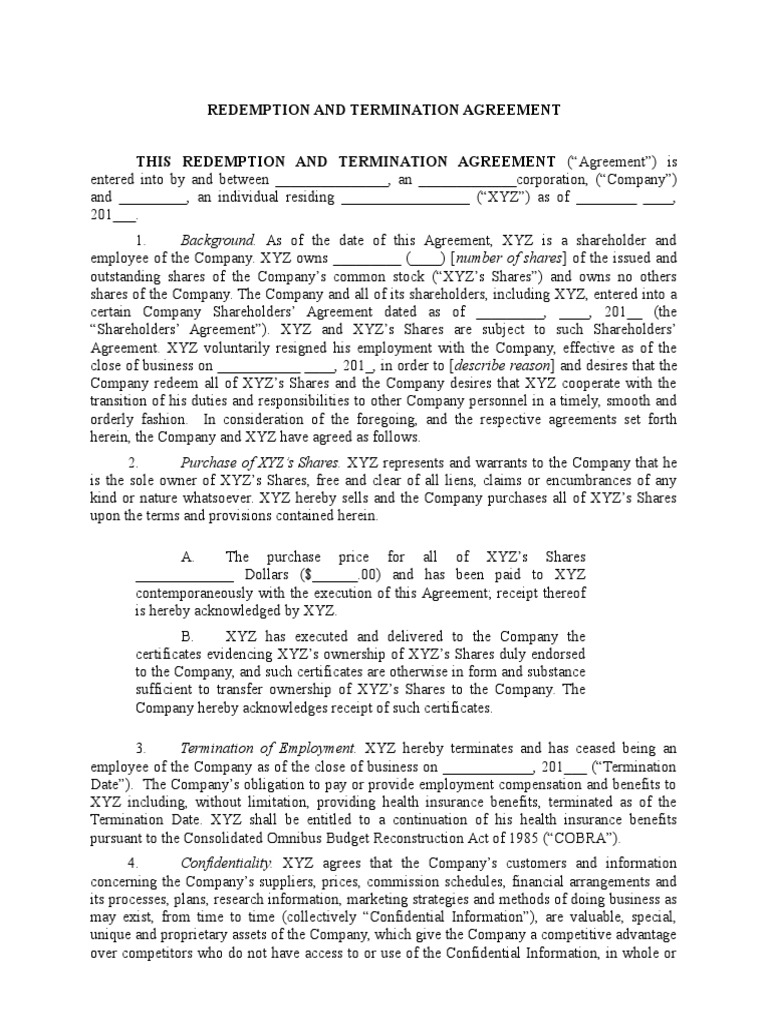 Redemption and Termination Agreement PDF Trade Secret Wrongful