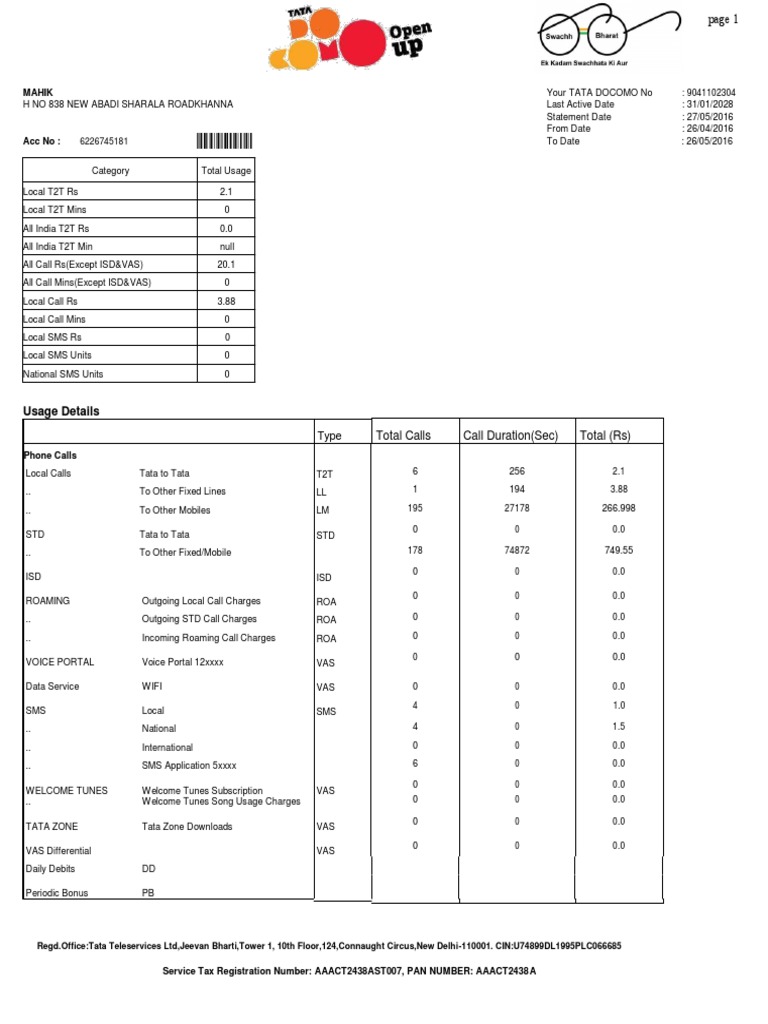 TATA DOCOMO Usage Statement Summary | PDF | Mobile Technology | Mobile ...