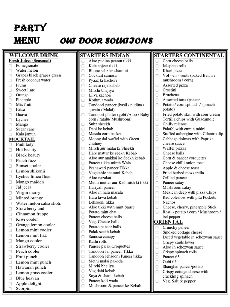 Party Menu: Out Door Solutions | PDF