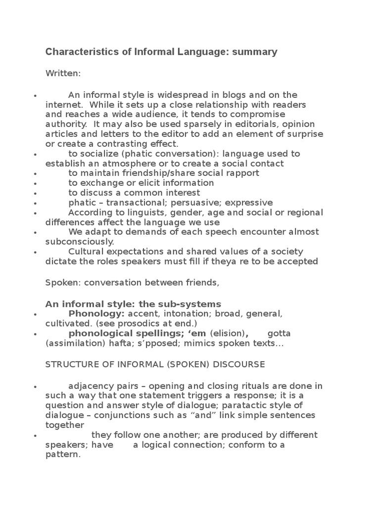Characteristics Of Informal Language Sentence Linguistics Phrase