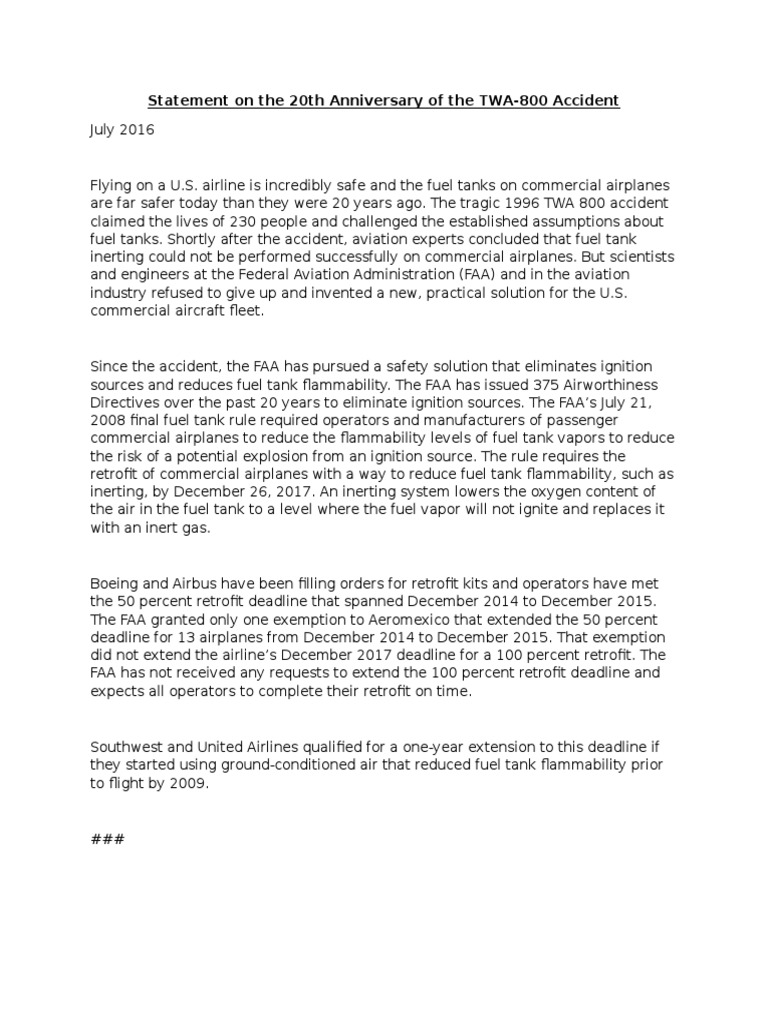 Statement On The 20th Anniversary of The TWA | PDF