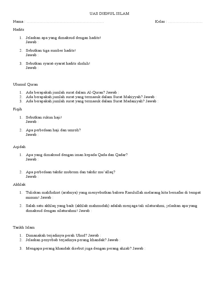 contoh soal mapel Dinul Islam