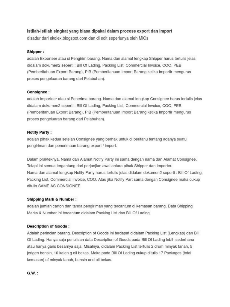 Daftar Istilah-Istilah Perdagangan Internasional