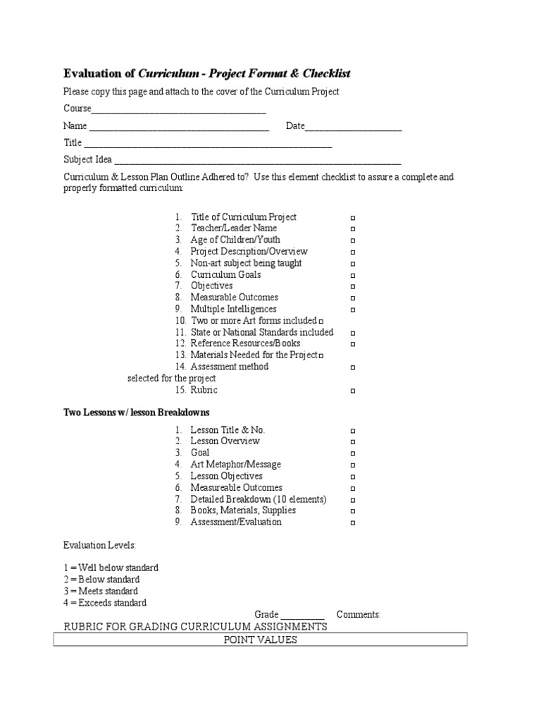 Evaluation of Curriculum - Project Format & Checklist: Rubric For ...