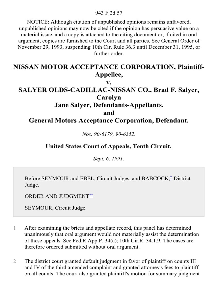 Nissan Motor Acceptance Corporation v. Salyer OldsCadillacNissan Co