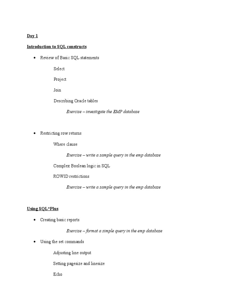 Day 1 Introduction To SQL Constructs: Exercise - Investigate The EMP ...