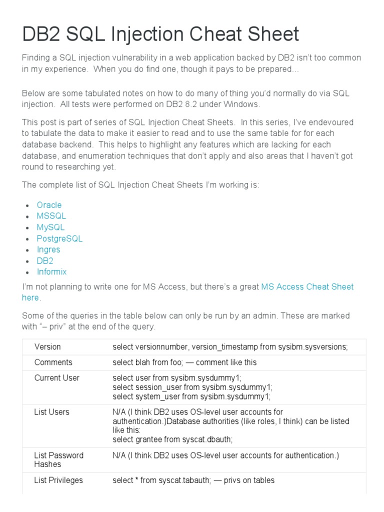 DB2 SQL Injection Cheat Sheet - Pentestmonkey | PDF
