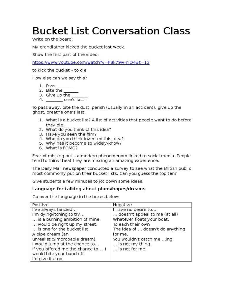 Bucket List Conversation Class1 PDF Leisure