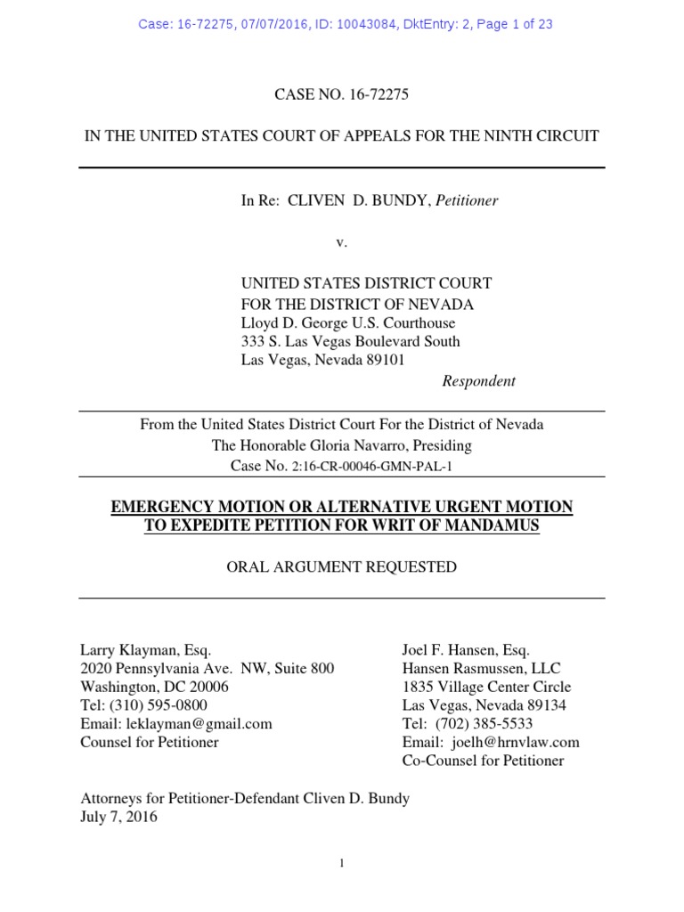 07-07-2016 ECF 2 9th Cir. in Re Cliven Bundy - Petitioner Cliven D