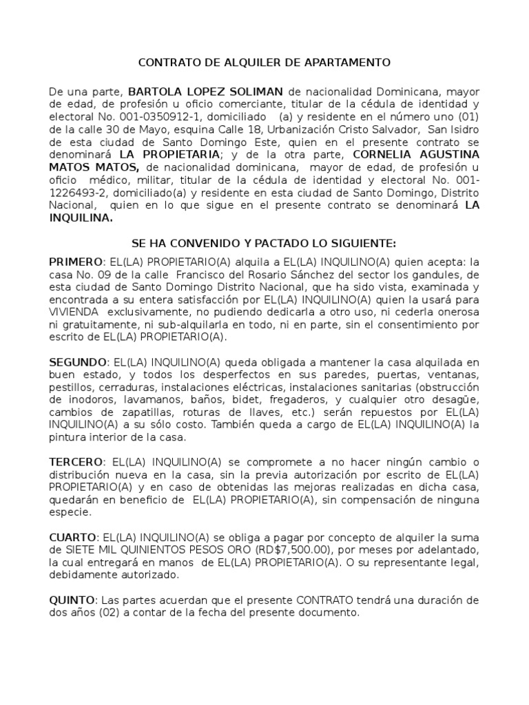 Modelo de Contrato de Alquiler de Casa | PDF | República Dominicana |  Propiedad