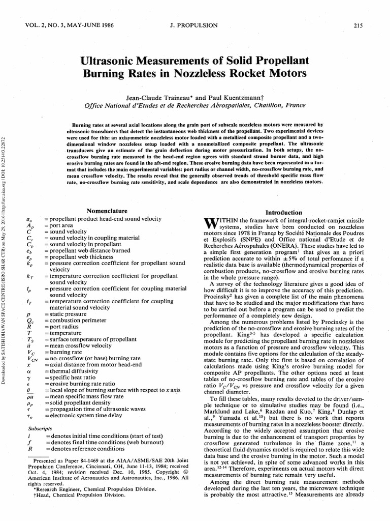 Ultrasonic Measurements of Solid Propellant Burning Rates in Nozzleless