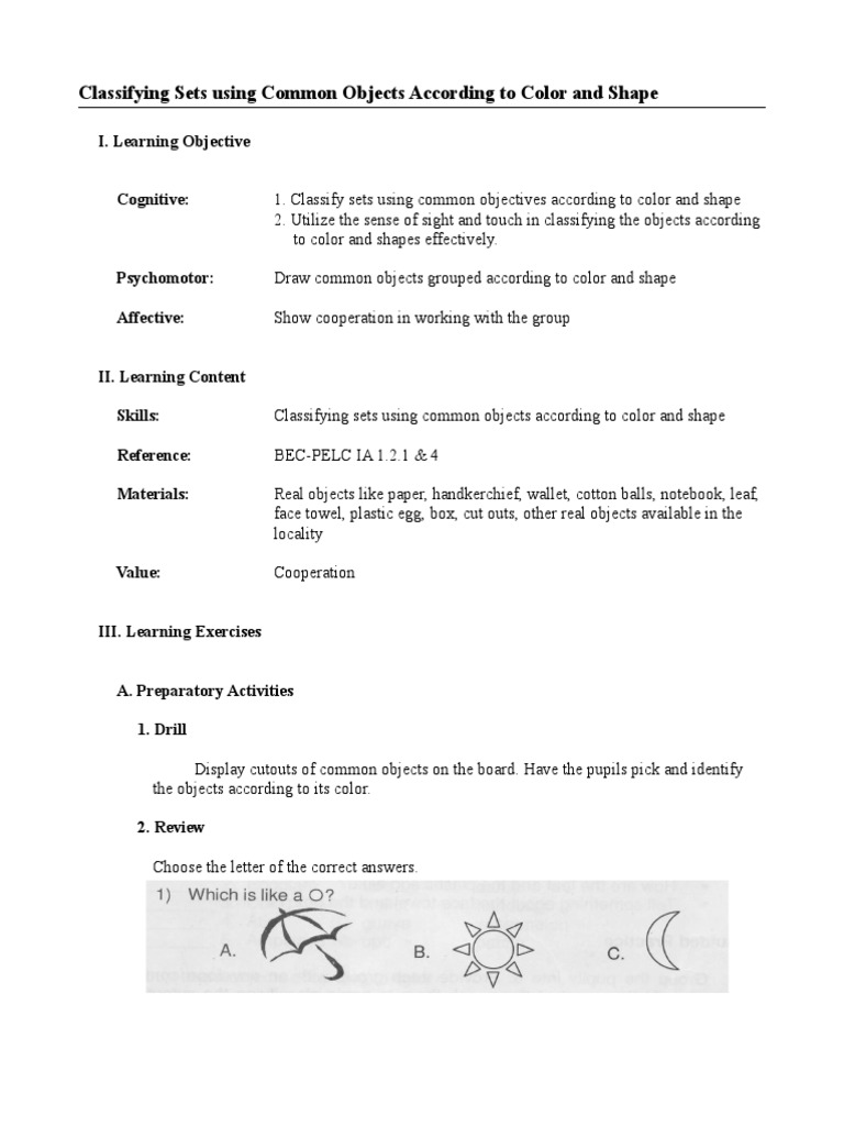 Classifying Sets Using Common Objects According To Color And Shape 
