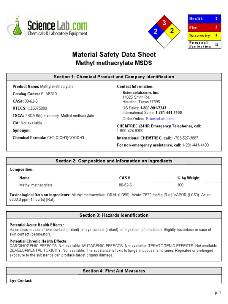 Methyl Methacrylate MSDS Section 1 Chemical Product and Company