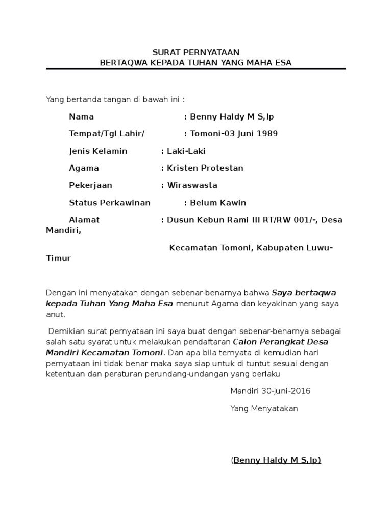 Surat Pernyataan Bertaqwa Kepada Tuhan Yang Maha Esa Docx