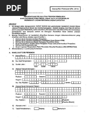 Borang Permohonan Pelanjutan Tempoh Pengajian Bagi Program Pendidikan Jarak Jauh Pjj Sambilan Peringkat Ijazah Pertama Atau Ijazah Lanjutan Pdf