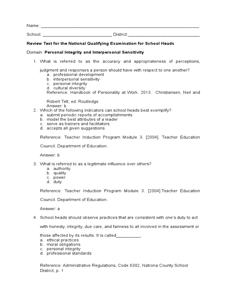 Integrity and Leadership Assessment Test | PDF | Teacher Education ...