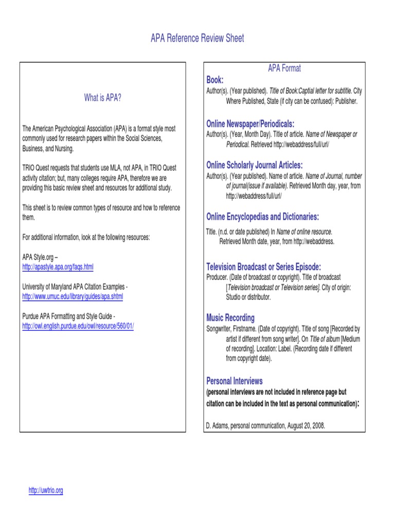 APA Format: APA Reference Review Sheet | PDF