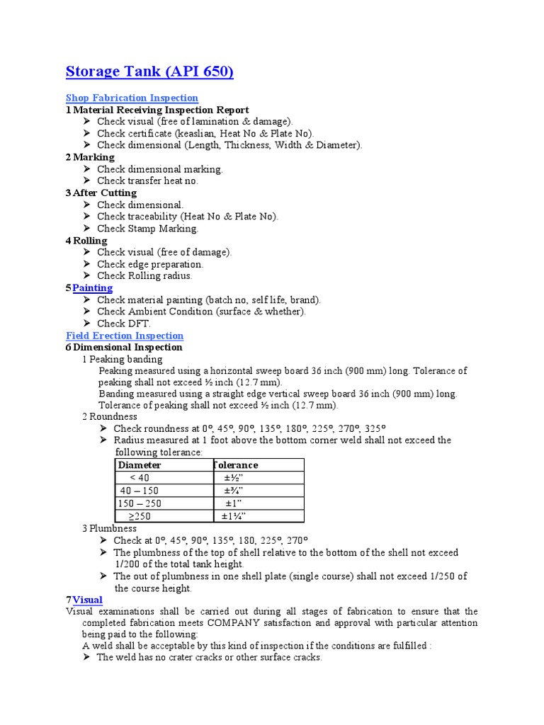 API 650 Tank Inspection Guidelines | PDF | Humidity | Calibration