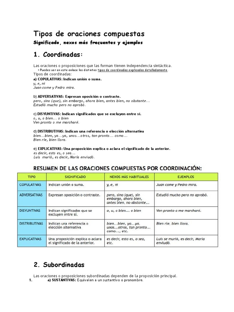 Tipos de oraciones compuestas explicadas | PDF | Oración (Lingüística ...