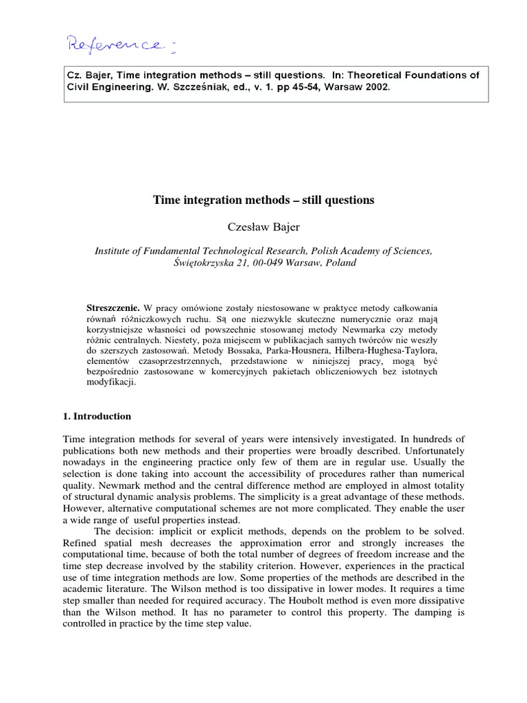 Time Integration Methods - Still Questions (Bajer, 2002) | PDF | Matrix ...