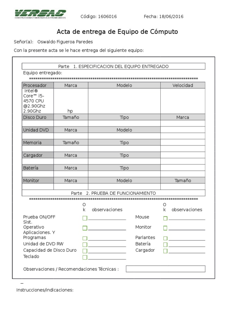 Acta de Entrega de Equipo de Cómputo 001 | PDF | Internet | Software