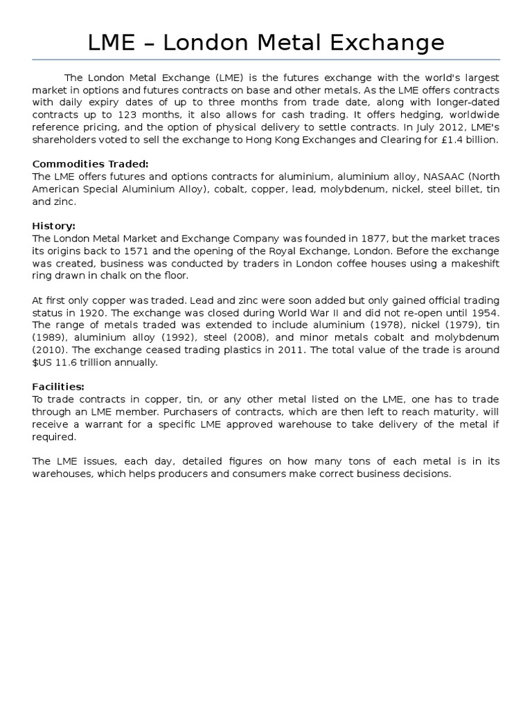 LME - London Metal Exchange: Commodities Traded | PDF