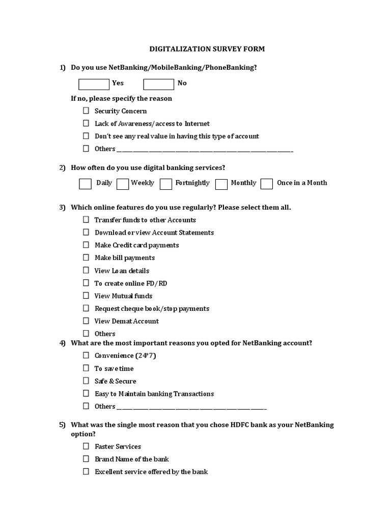 HDFC Questionnaire Digital Services Payments Banks