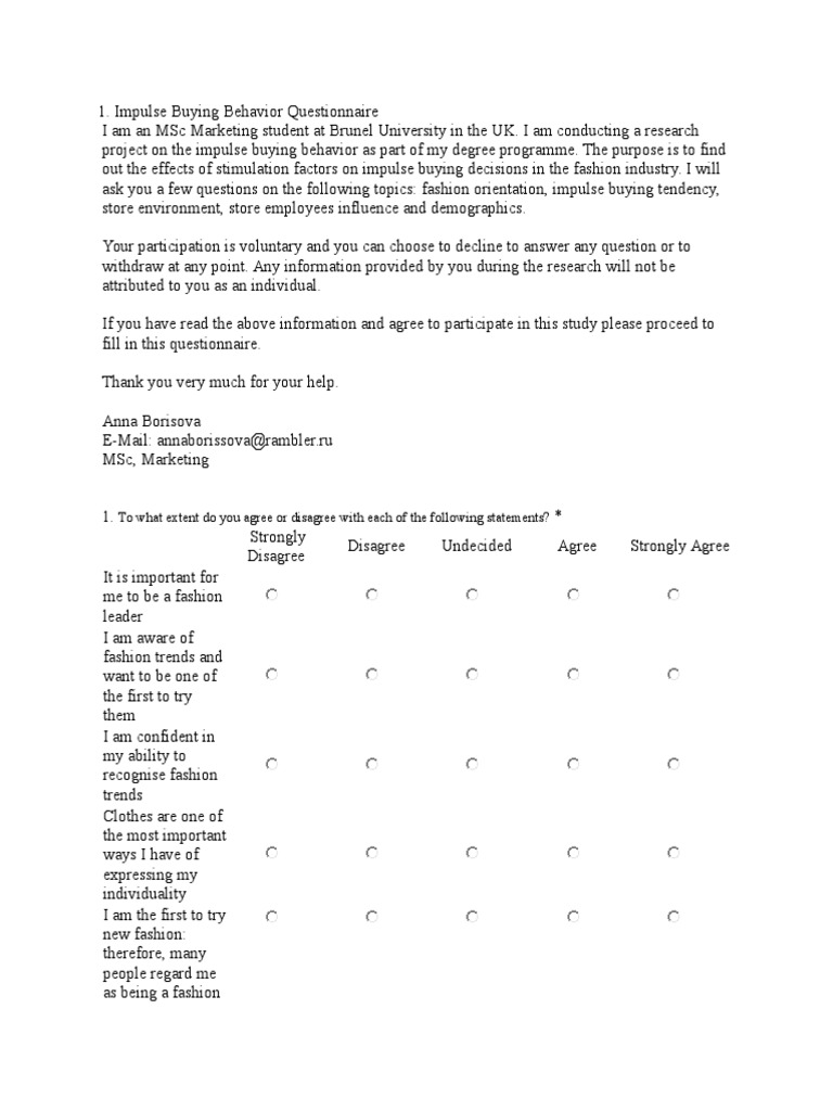 Questionnaire 2 PDF Fashion Clothing