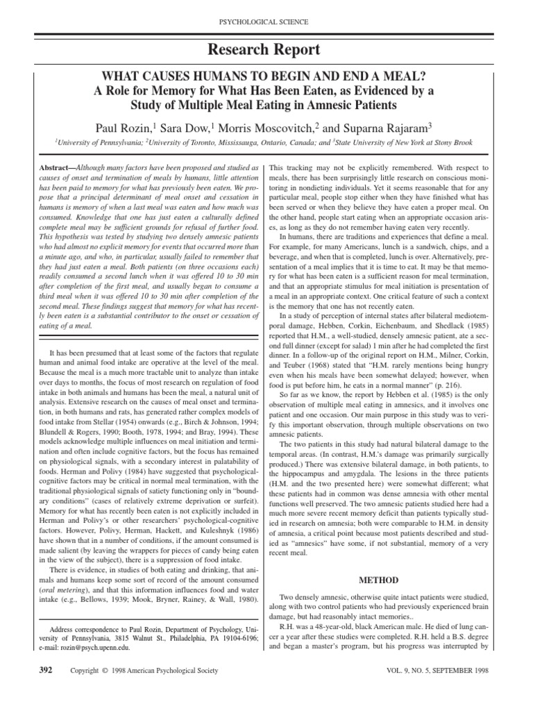 Research Report: Paul Rozin, Sara Dow, Morris Moscovitch, and Suparna ...