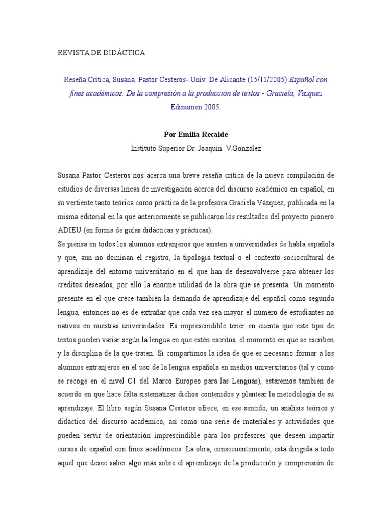 Ejemplo de Reseña Critica | Lengua española | Aprendizaje