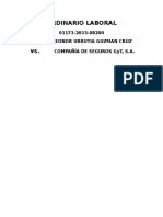 Ordinario Laboral: 01173-2015-08200 Andrea Leonor Urrutia Guzman Cruz Compañía de Seguros Gyt, S.A