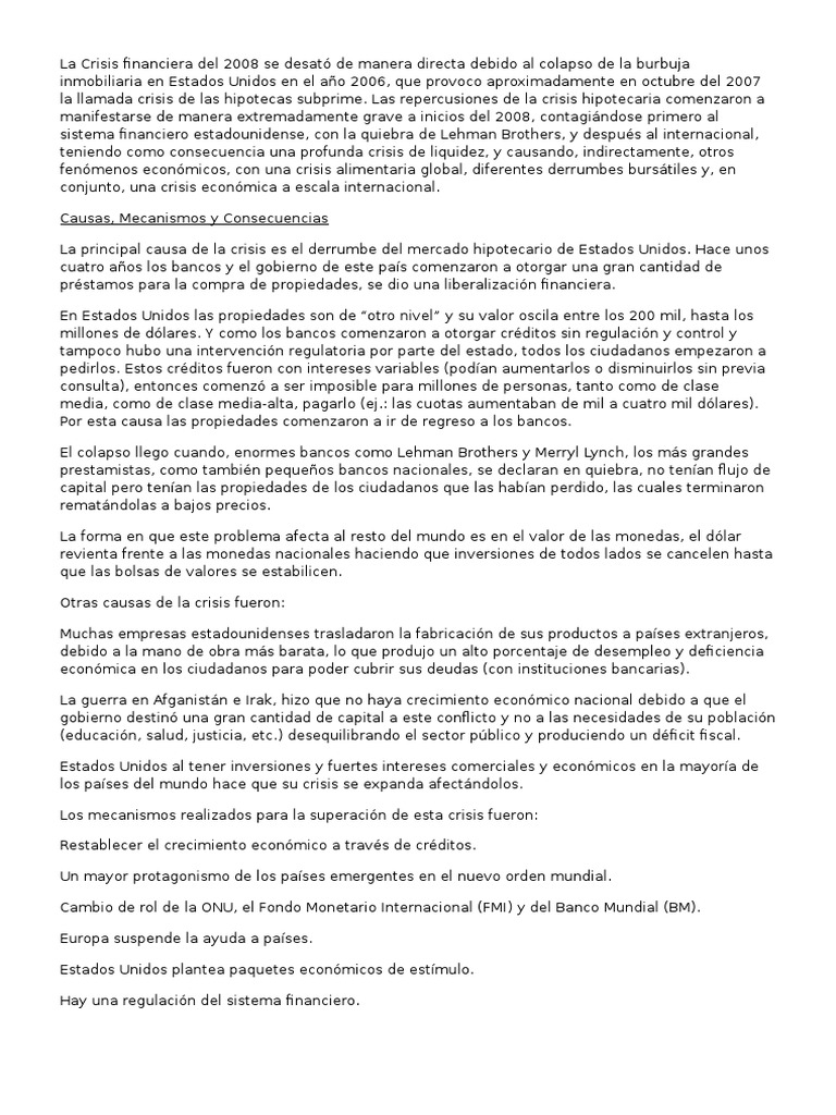 La Crisis Financiera Del 2008 | PDF | Crisis financiera de 2007-2008 ...