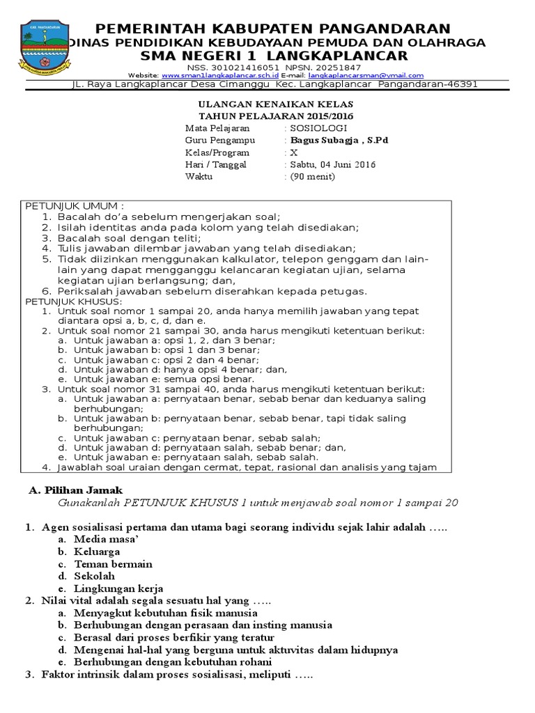 Soal Uas Sosiologi Kelas X Semester Ii