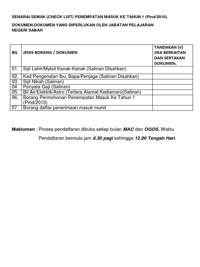 Borang Permohonan Penempatan Masuk Ke Tahun 1 Jpn Ppd Pdf