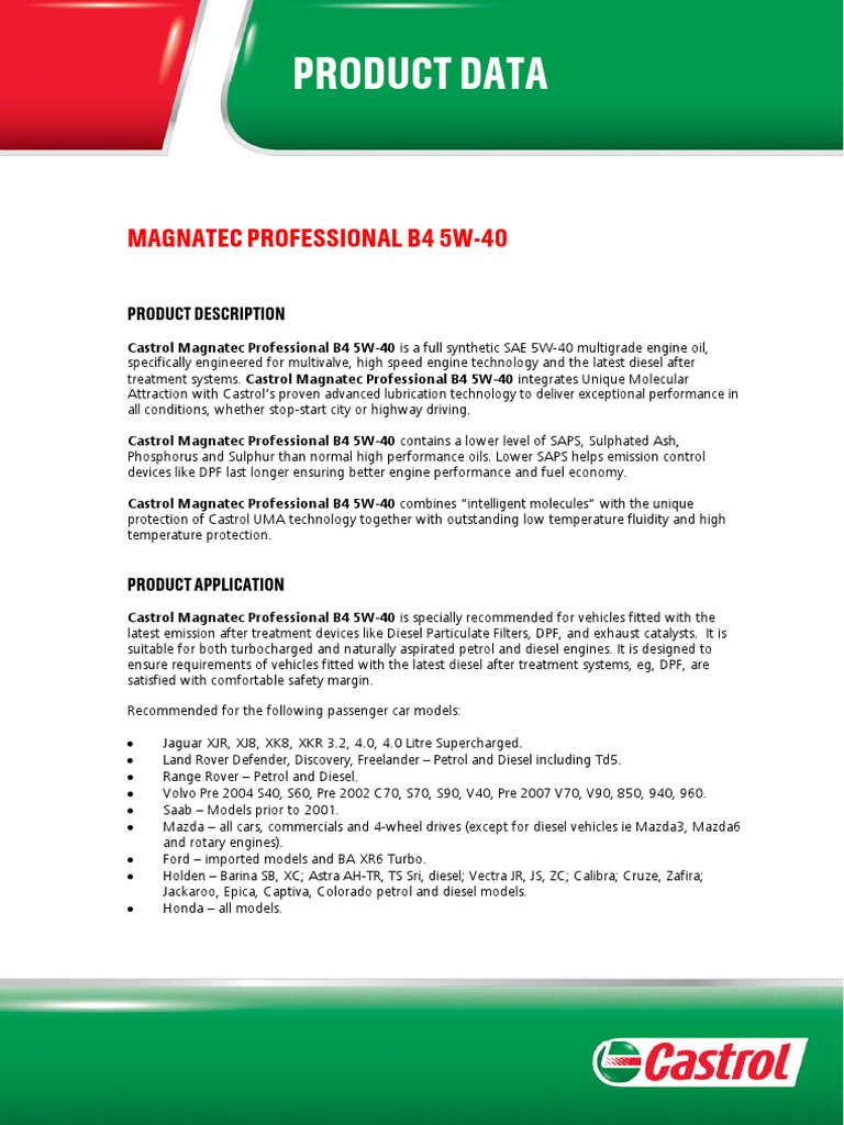 B4 - 5W40 Data Sheet | PDF | Motor Oil | Diesel Engine