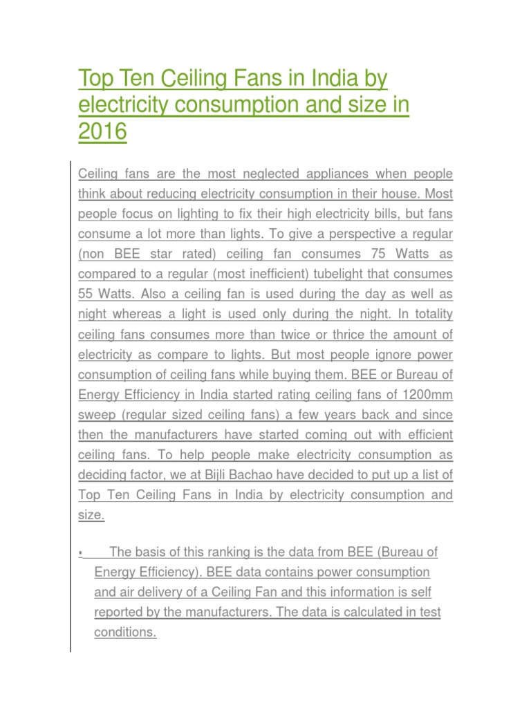 Top 10 Ceiling Fans In India By Electricity Consumption And