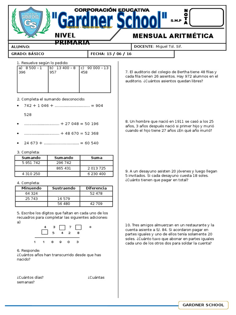 Ejercicios de Aritmética para Primaria | PDF
