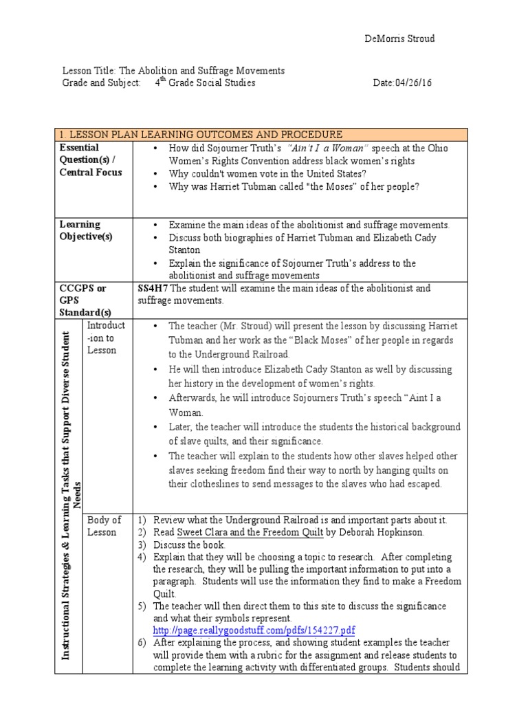 The Abolitionist and Suffrage Movement Lesson Plan | PDF | Abolitionism