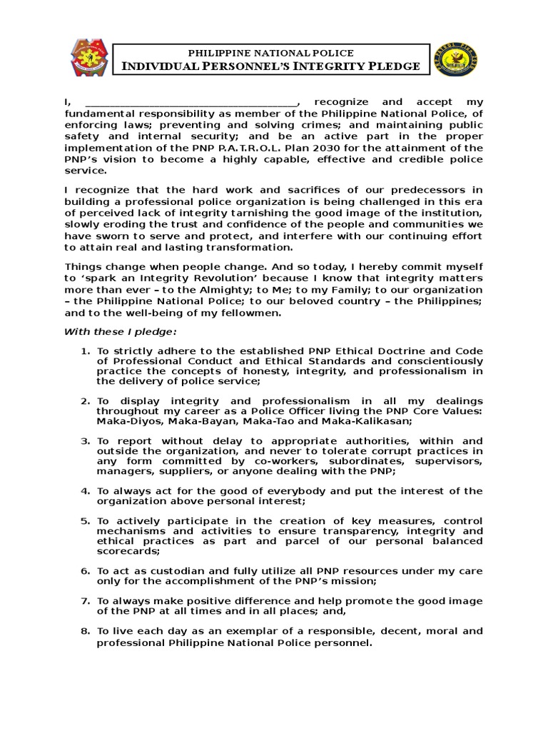 PNP Individual Personnel's Integrity Pledge Integrity Police
