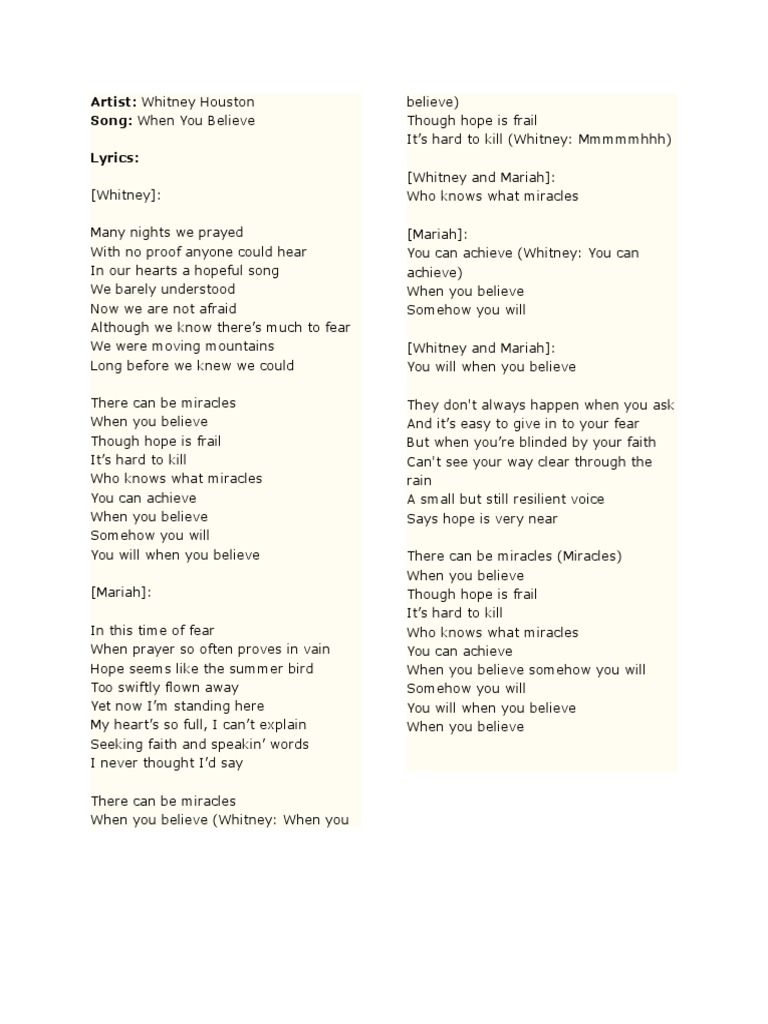 Artist whitney houston song when you believe lyrics pdf