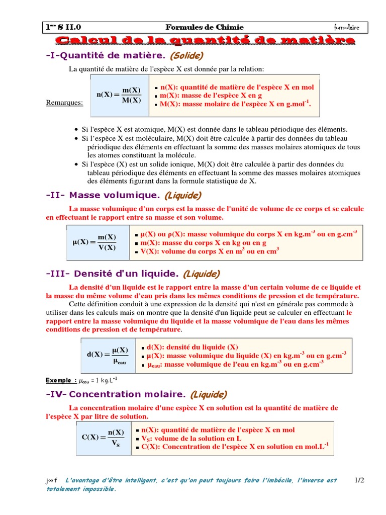 151 1s Ii 0 Formulaire Pdf Concentration Molaire Densite