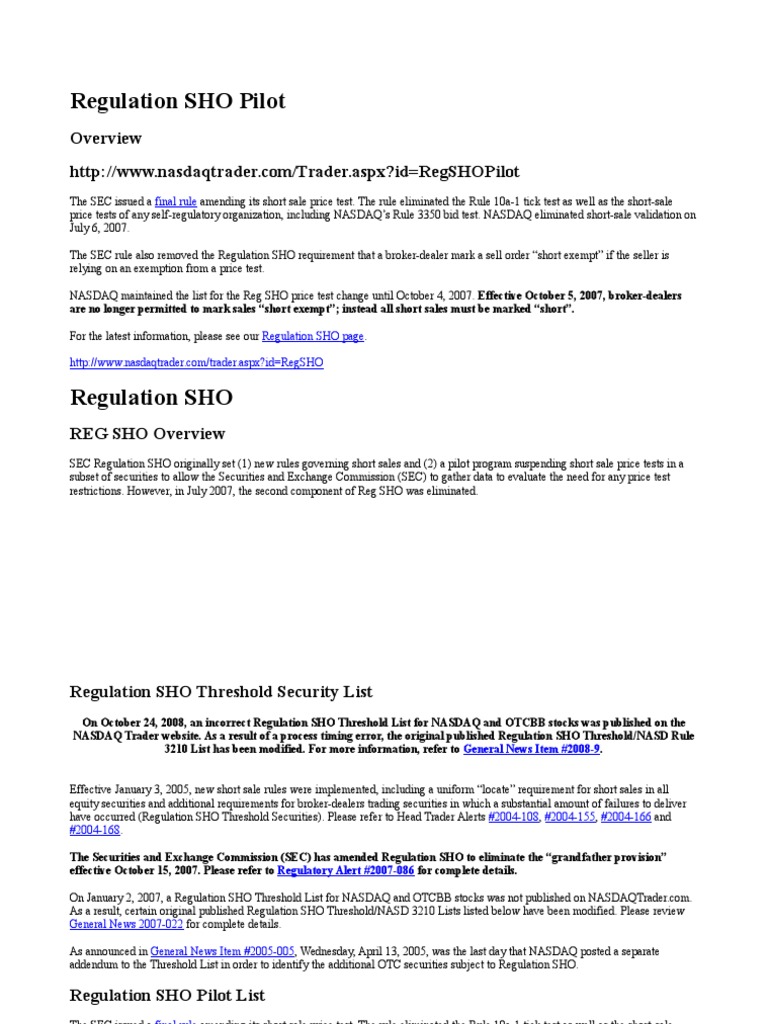 Regulation SHO Pilot | Short (Finance) | Nasdaq