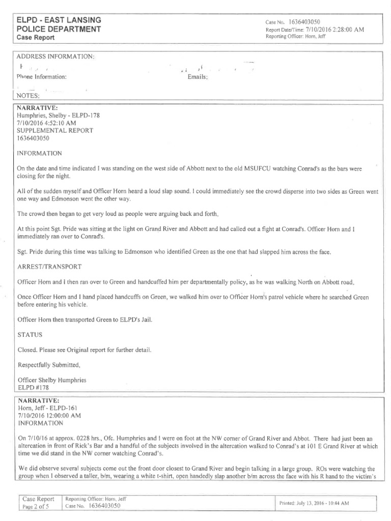 East Lansing Police Department case report