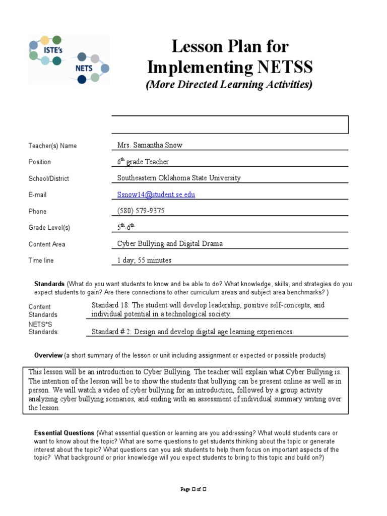 Iste Lesson Plan - Samantha Snow | PDF | Cyberbullying | Educational ...