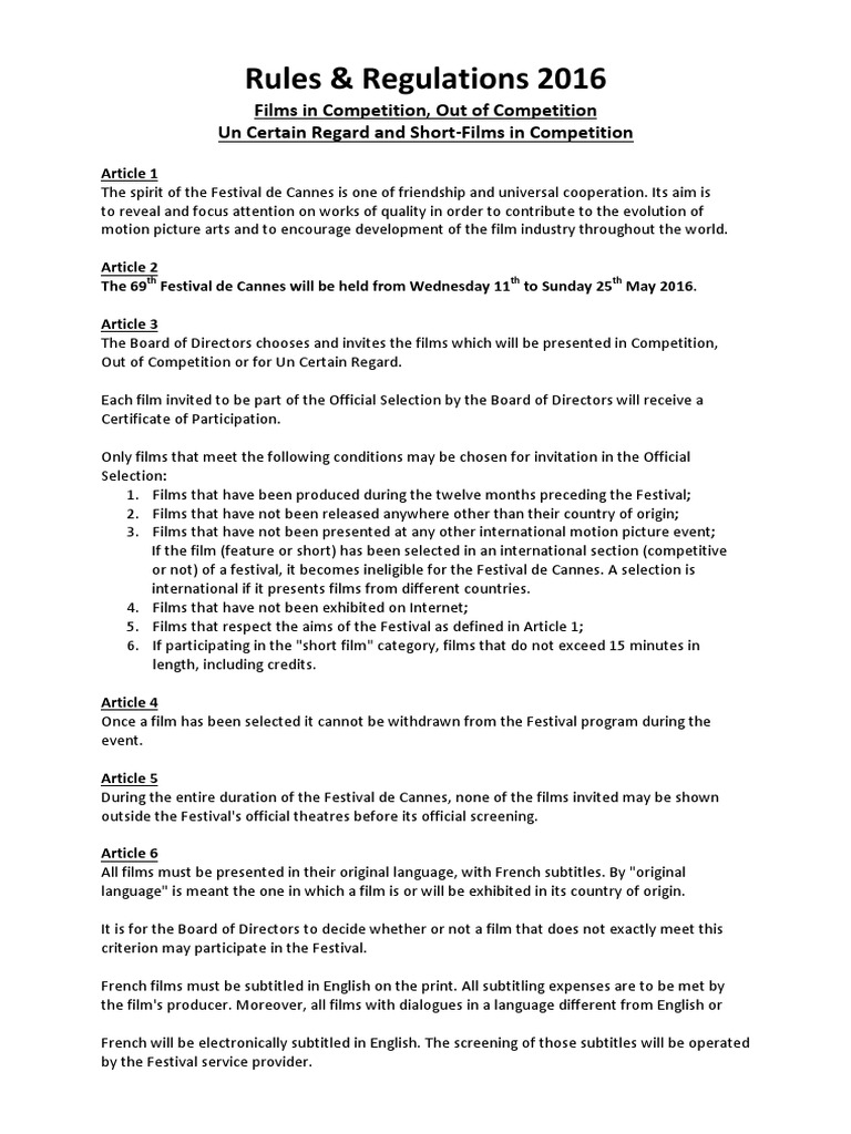 Rules Regulations 2016 PDF Board Of Directors Film Festival