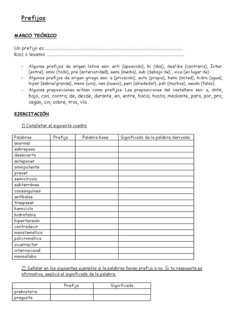 Prefijos y Sufijos Ejercicios 2 | Tipología Lingüística | Morfología