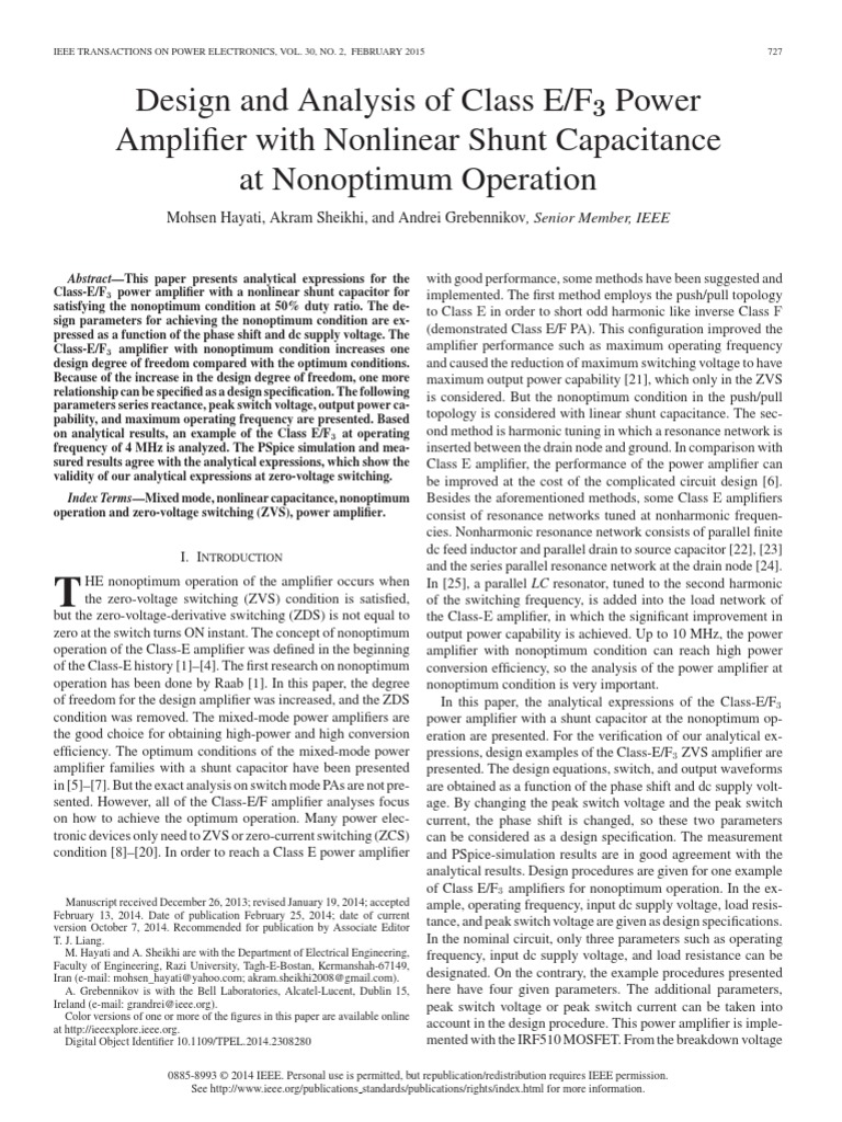 Design and Analysis of Class E/F3 Power Amplifier With Nonlinear Shunt ...