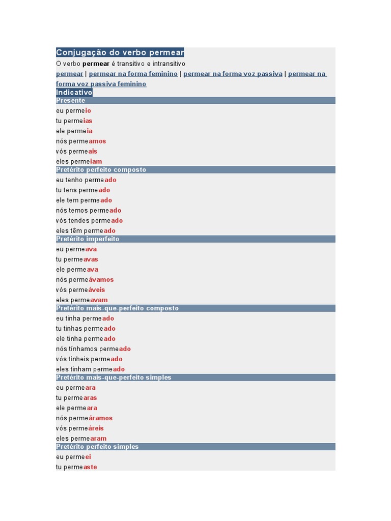 Conjugação do Verbo Permear | PDF | Tempo gramatical | Estilo (ficção)