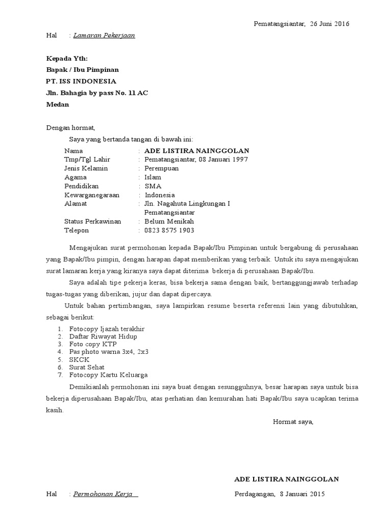 Contoh Lamaran Kerja Di Pt Iss